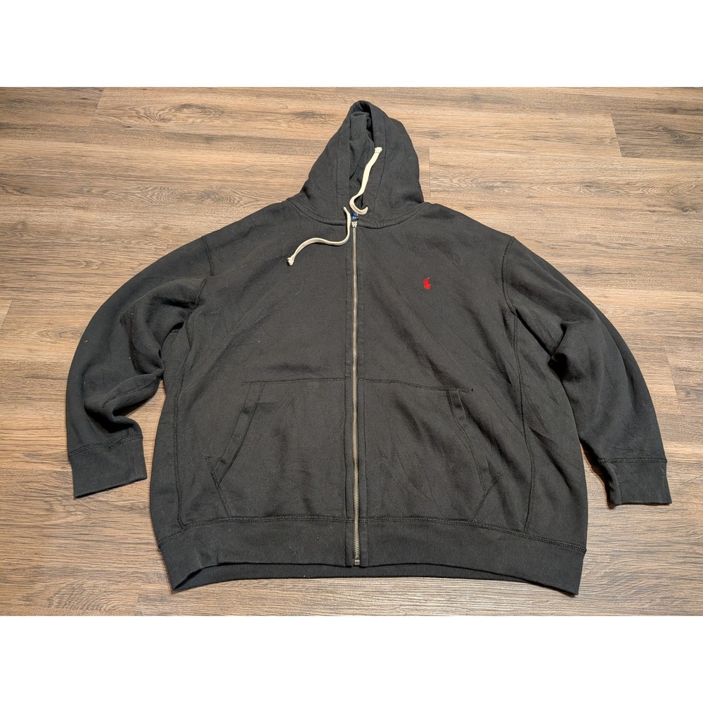 Polo Ralph Lauren Black Full Zip Hoodie Red Pony Logo Size 3XB Zipper Flaw